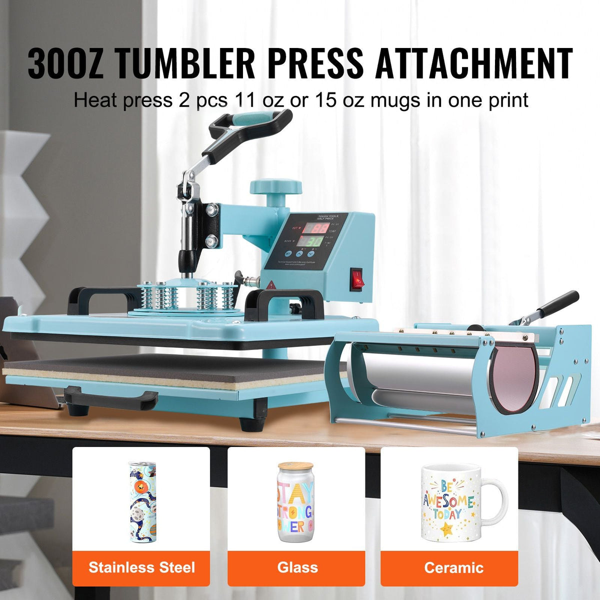Heat Press Machine, 12 x 15 inch, 5 in 1 Heat Transfer Machine with 30 oz Tumbler Press, 360° Swing Away T-Shirt Pressing, Digital Precise Control, for T-Shirts/Mugs/Hats/Plates, Green
