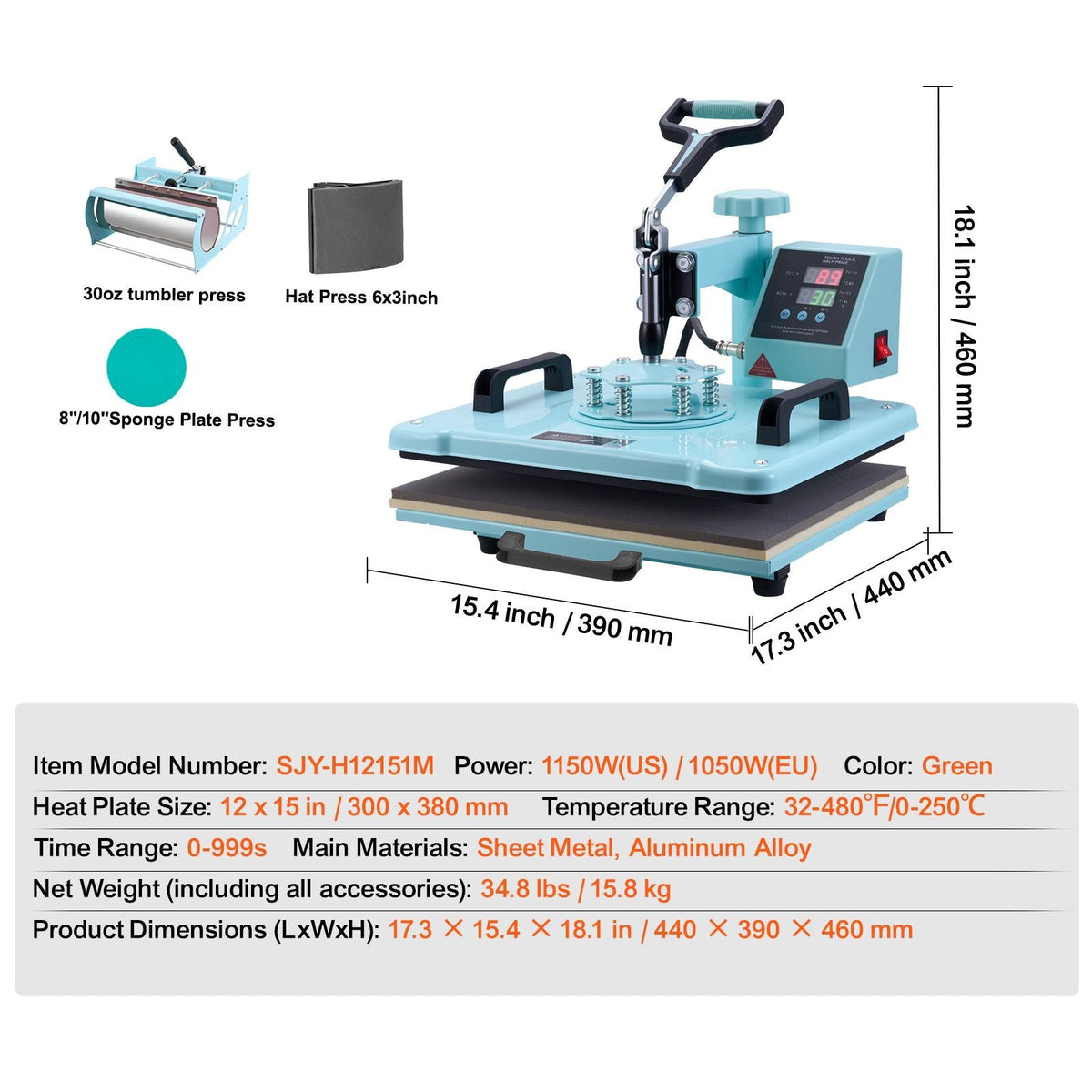 Heat Press Machine, 12 x 15 inch, 5 in 1 Heat Transfer Machine with 30 oz Tumbler Press, 360° Swing Away T-Shirt Pressing, Digital Precise Control, for T-Shirts/Mugs/Hats/Plates, Green