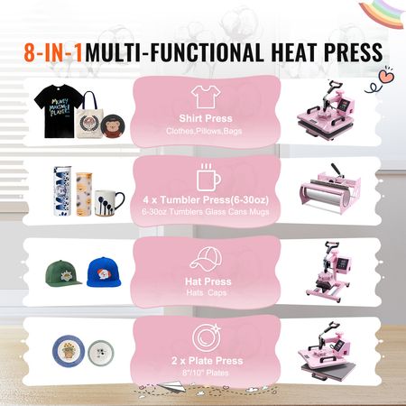 Heat Press Machine, 12 x 15 inch, 5 in 1 Heat Transfer Machine with 30 oz Tumbler Press, 360° Swing Away T-Shirt Pressing, Digital Precise Control, for T-Shirts/Mugs/Hats/Plates, Pink