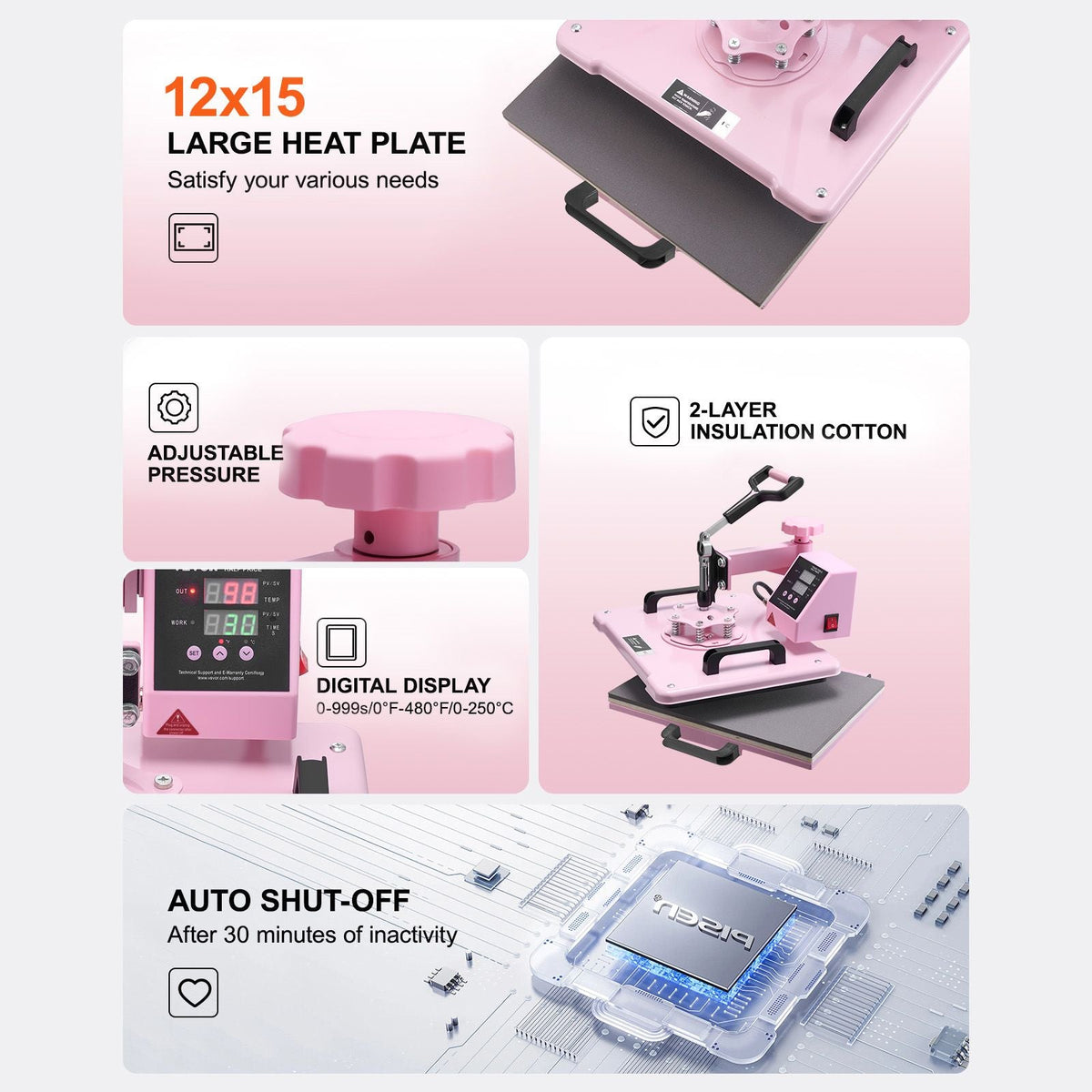 Heat Press Machine, 12 x 15 inch, 5 in 1 Heat Transfer Machine with 30 oz Tumbler Press, 360° Swing Away T-Shirt Pressing, Digital Precise Control, for T-Shirts/Mugs/Hats/Plates, Pink