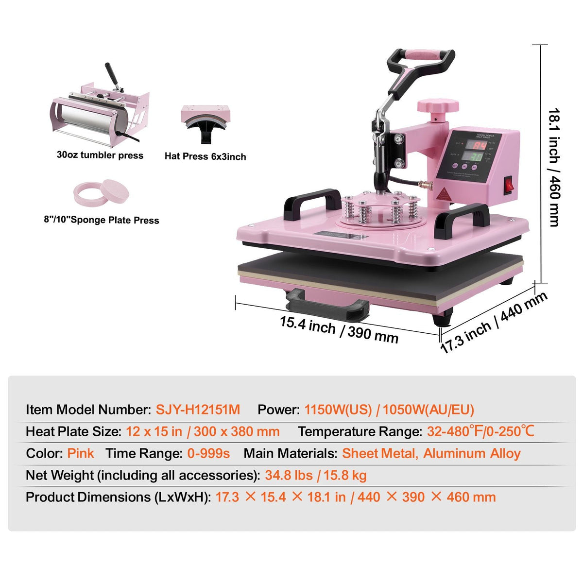 Heat Press Machine, 12 x 15 inch, 5 in 1 Heat Transfer Machine with 30 oz Tumbler Press, 360° Swing Away T-Shirt Pressing, Digital Precise Control, for T-Shirts/Mugs/Hats/Plates, Pink