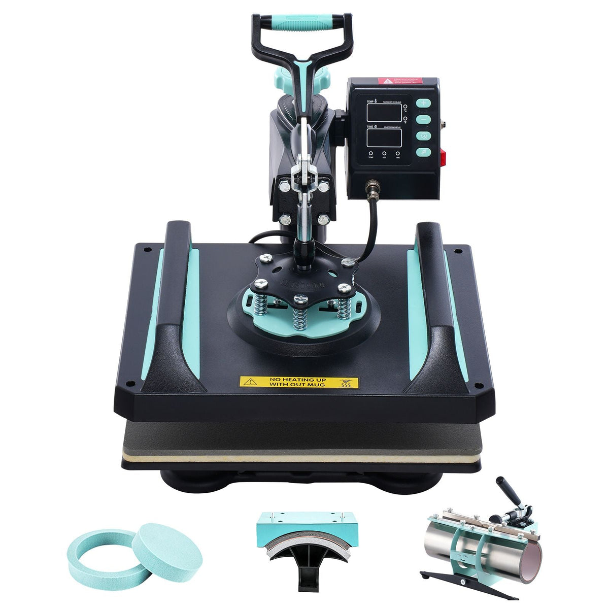Heat Press Machine, 12 x 15 inch, 5 in 1 Heat Transfer Machine with 30oz Tumbler Press, 360° Swing Away Digital T-Shirt Pressing, Teflon Coating, for T-Shirts/Mugs/Hats/Plates, Black+Green
