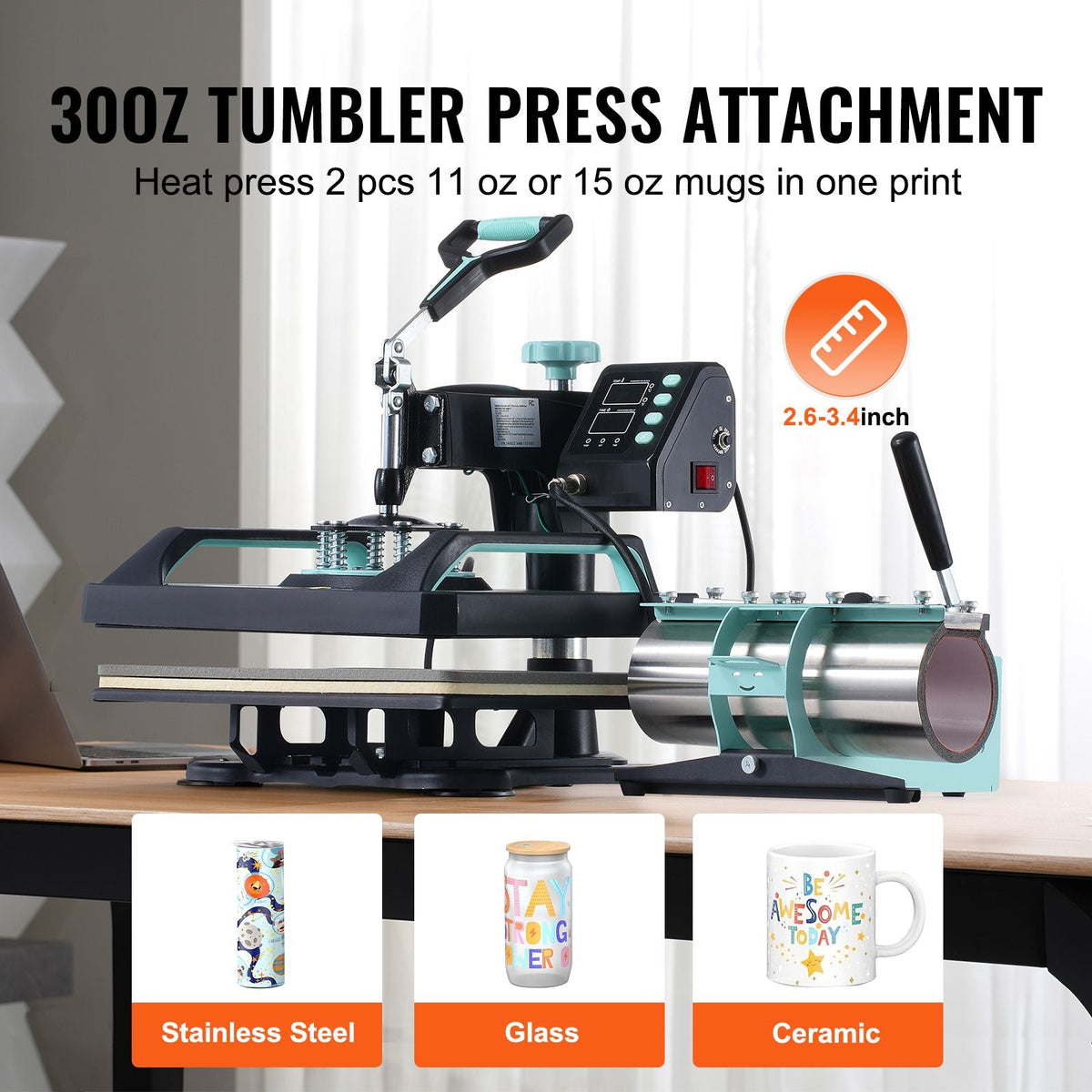 Heat Press Machine, 12 x 15 inch, 5 in 1 Heat Transfer Machine with 30oz Tumbler Press, 360° Swing Away Digital T-Shirt Pressing, Teflon Coating, for T-Shirts/Mugs/Hats/Plates, Black+Green