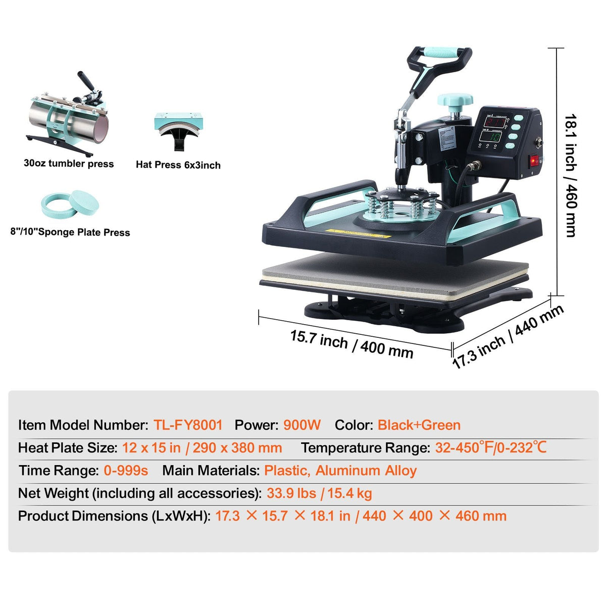 Heat Press Machine, 12 x 15 inch, 5 in 1 Heat Transfer Machine with 30oz Tumbler Press, 360° Swing Away Digital T-Shirt Pressing, Teflon Coating, for T-Shirts/Mugs/Hats/Plates, Black+Green