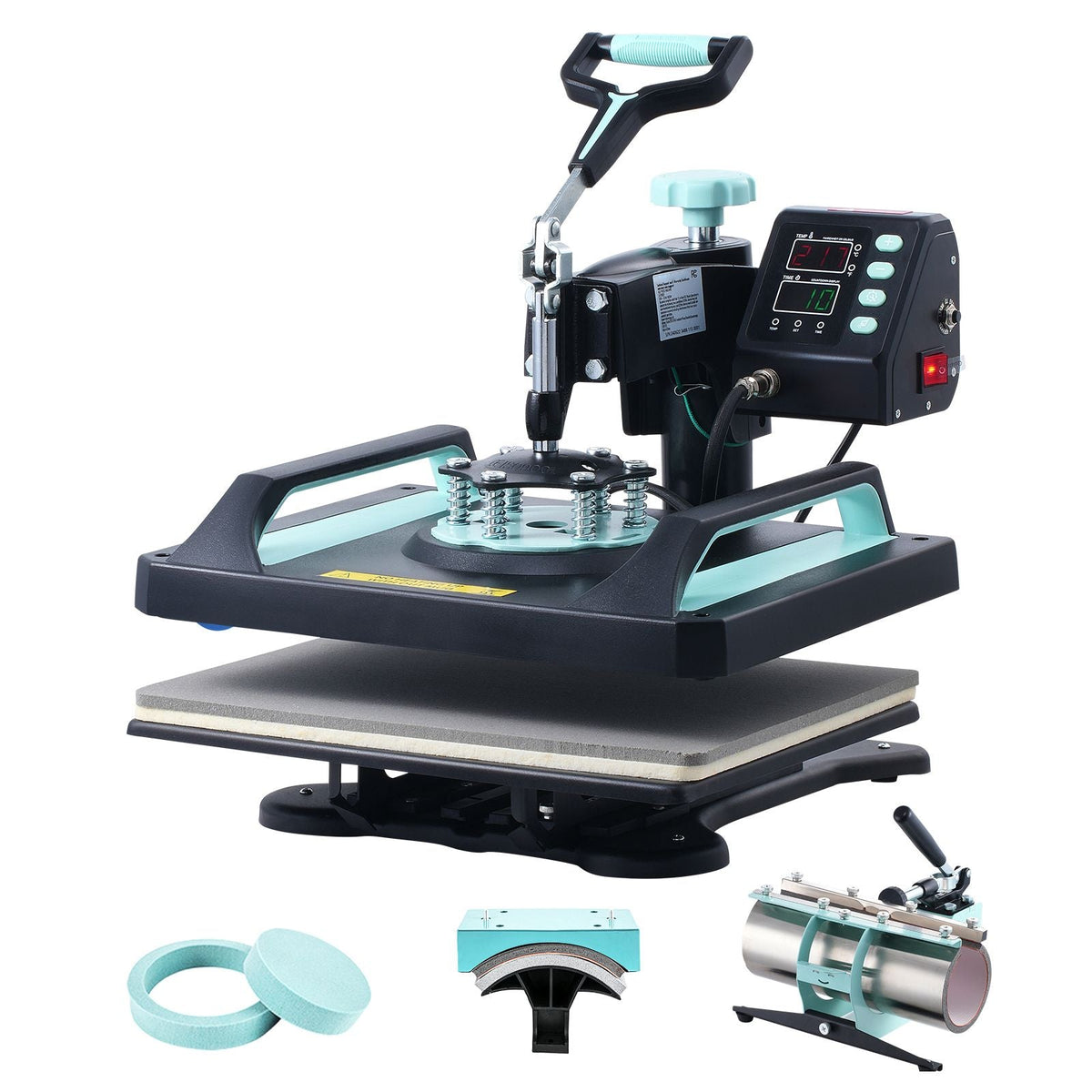 Heat Press Machine, 12 x 15 inch, 5 in 1 Heat Transfer Machine with 30oz Tumbler Press, 360° Swing Away Digital T-Shirt Pressing, Teflon Coating, for T-Shirts/Mugs/Hats/Plates, Black+Green