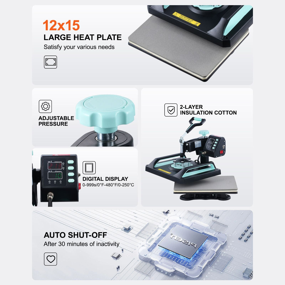 Heat Press Machine, 12 x 15 inch, 5 in 1 Heat Transfer Machine with 30oz Tumbler Press, 360° Swing Away Digital T-Shirt Pressing, Teflon Coating, for T-Shirts/Mugs/Hats/Plates, Black+Green