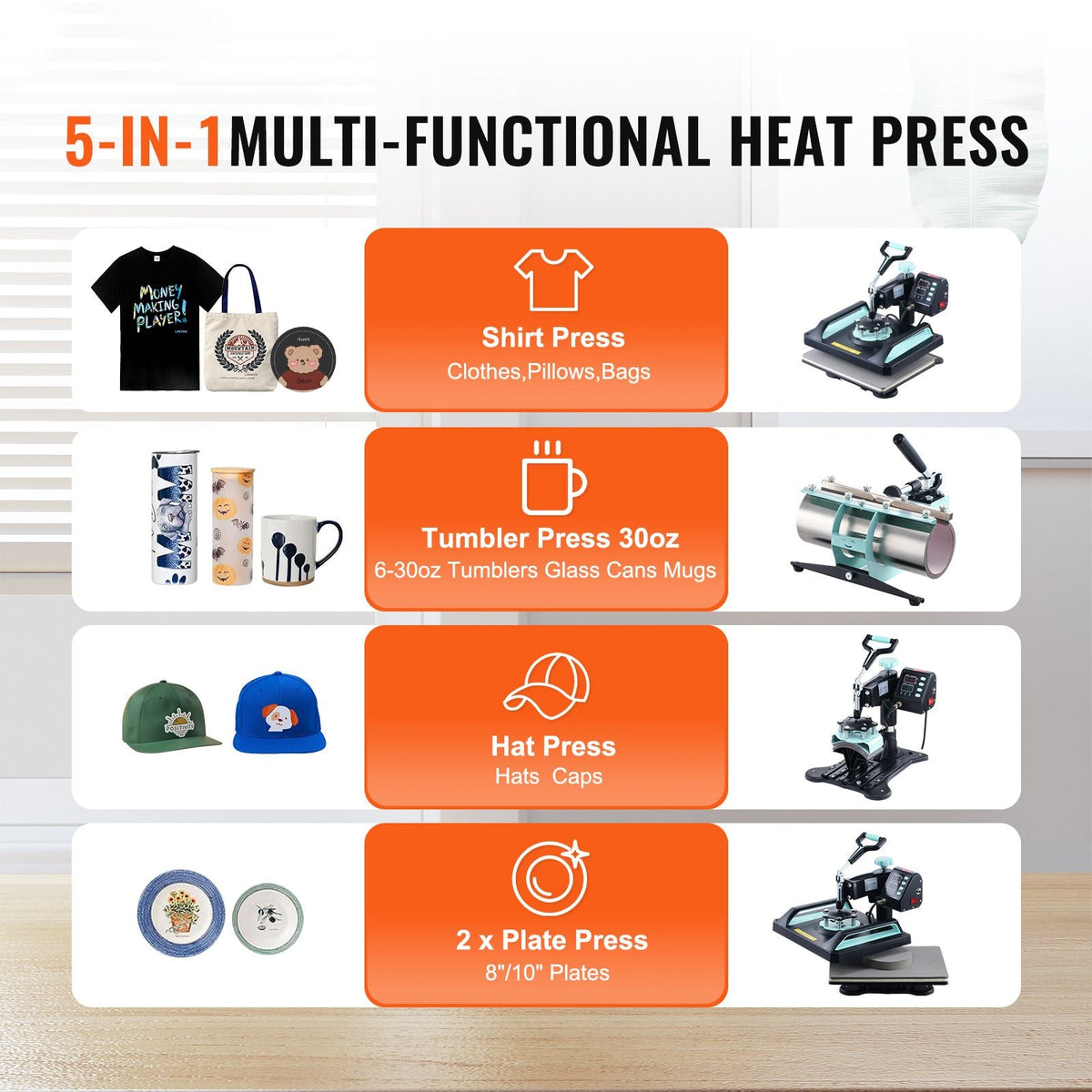 Heat Press Machine, 12 x 15 inch, 5 in 1 Heat Transfer Machine with 30oz Tumbler Press, 360° Swing Away Digital T-Shirt Pressing, Teflon Coating, for T-Shirts/Mugs/Hats/Plates, Black+Green