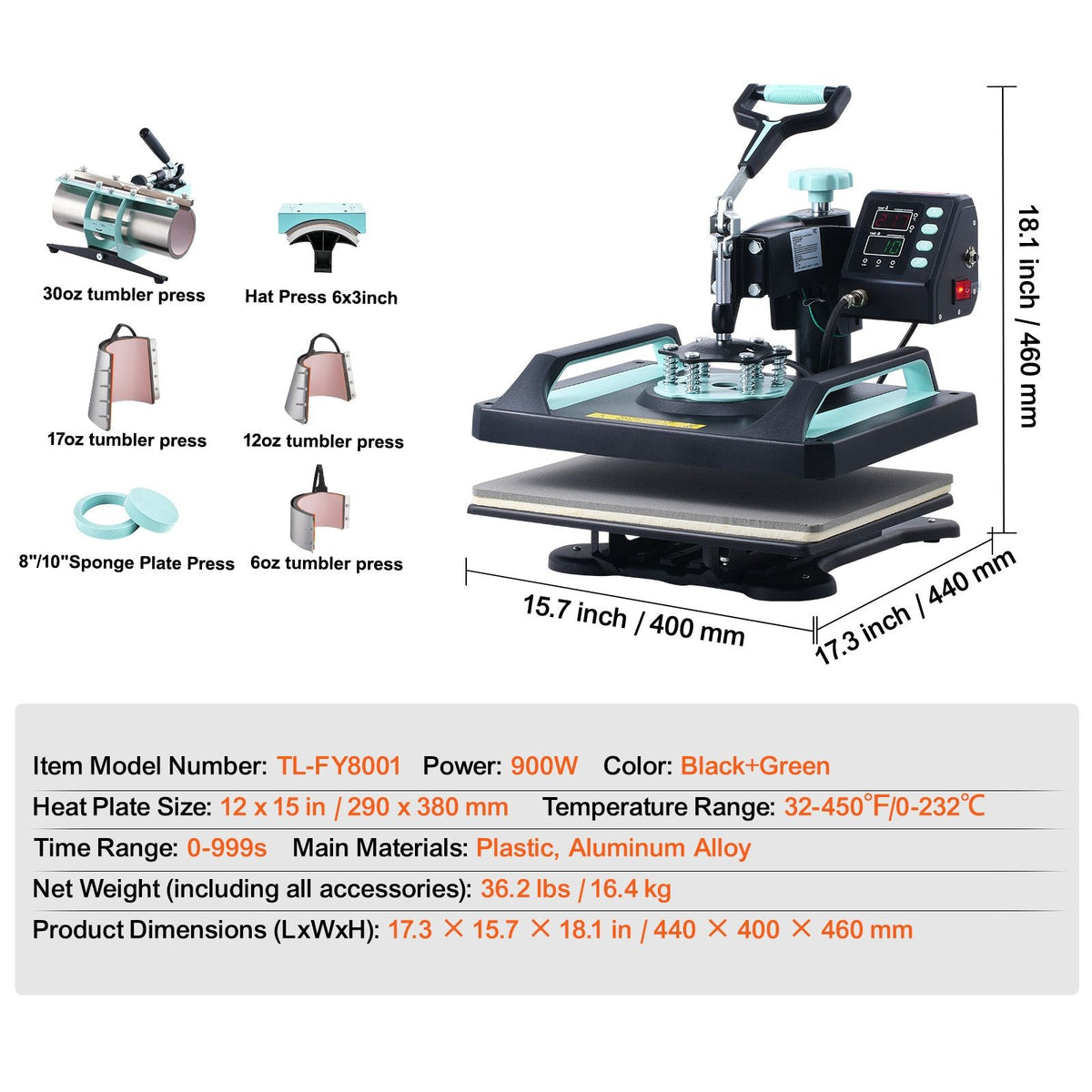 Heat Press Machine, 12 x 15 inch, 8 in 1 Heat Transfer Machine with 30 oz Tumbler Press, 360° Swing Away Digital T-Shirt Pressing, Teflon Coating, for T-Shirts/Mugs/Hats/Plates, Black+Green