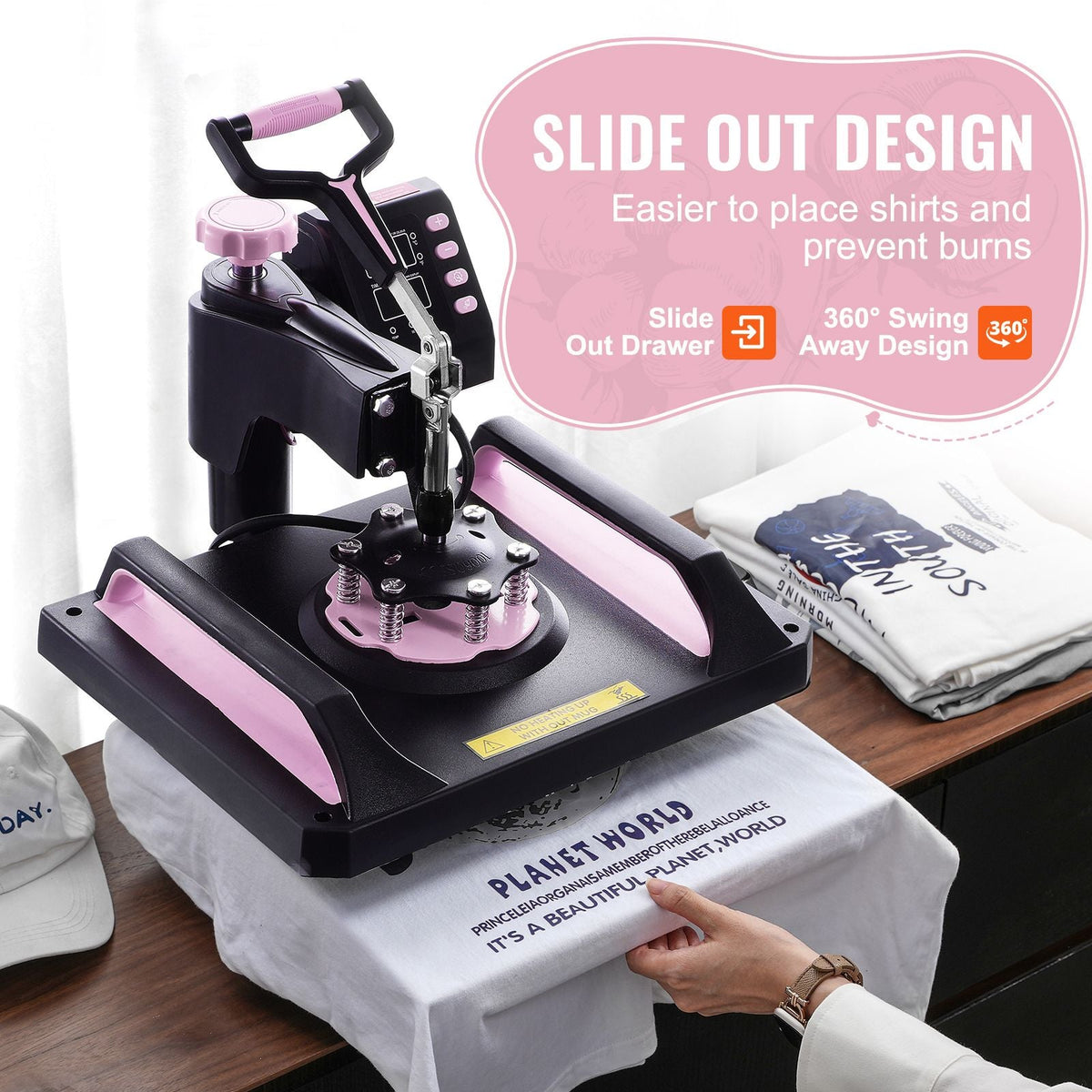 Heat Press Machine, 12 x 15 inch, 8 in 1 Heat Transfer Machine with 30 oz Tumbler Press, 360° Swing Away Digital T-Shirt Pressing, Teflon Coating, for T-Shirts/Mugs/Hats/Plates, Black+Pink