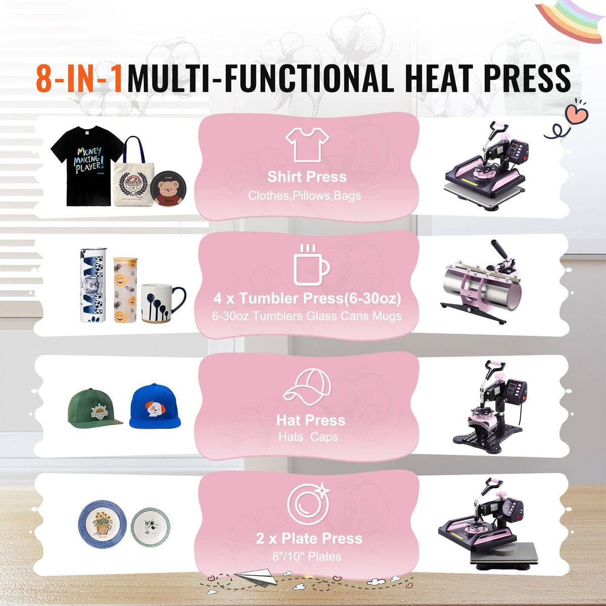 Heat Press Machine, 12 x 15 inch, 8 in 1 Heat Transfer Machine with 30 oz Tumbler Press, 360° Swing Away Digital T-Shirt Pressing, Teflon Coating, for T-Shirts/Mugs/Hats/Plates, Black+Pink