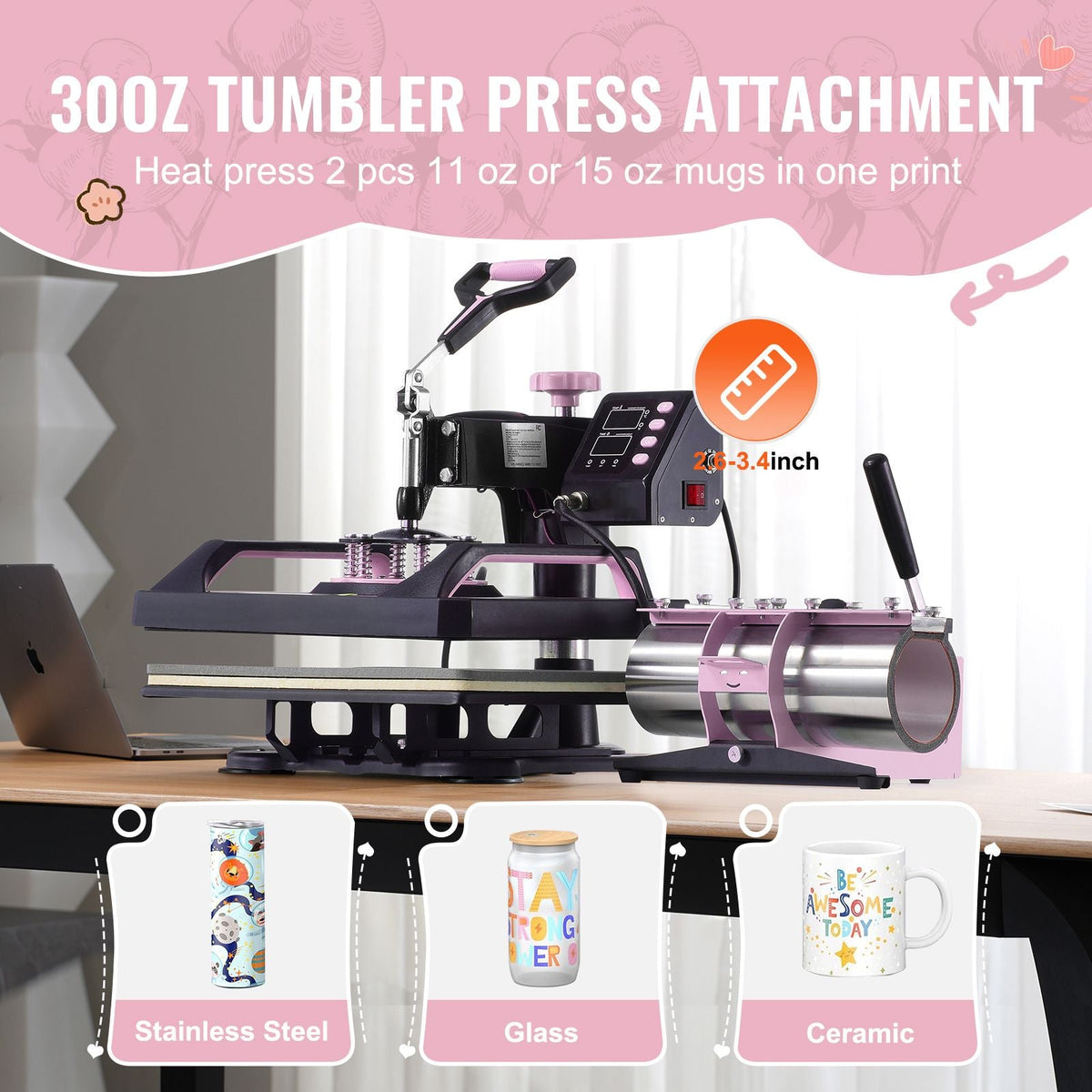Heat Press Machine, 12 x 15 inch, 8 in 1 Heat Transfer Machine with 30 oz Tumbler Press, 360° Swing Away Digital T-Shirt Pressing, Teflon Coating, for T-Shirts/Mugs/Hats/Plates, Black+Pink