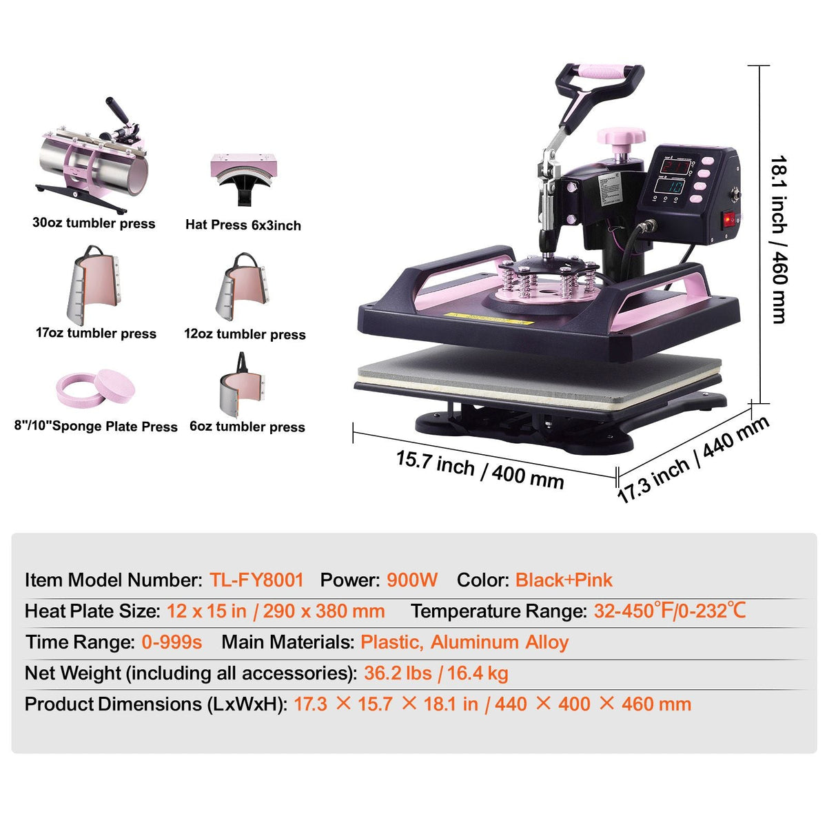 Heat Press Machine, 12 x 15 inch, 8 in 1 Heat Transfer Machine with 30 oz Tumbler Press, 360° Swing Away Digital T-Shirt Pressing, Teflon Coating, for T-Shirts/Mugs/Hats/Plates, Black+Pink