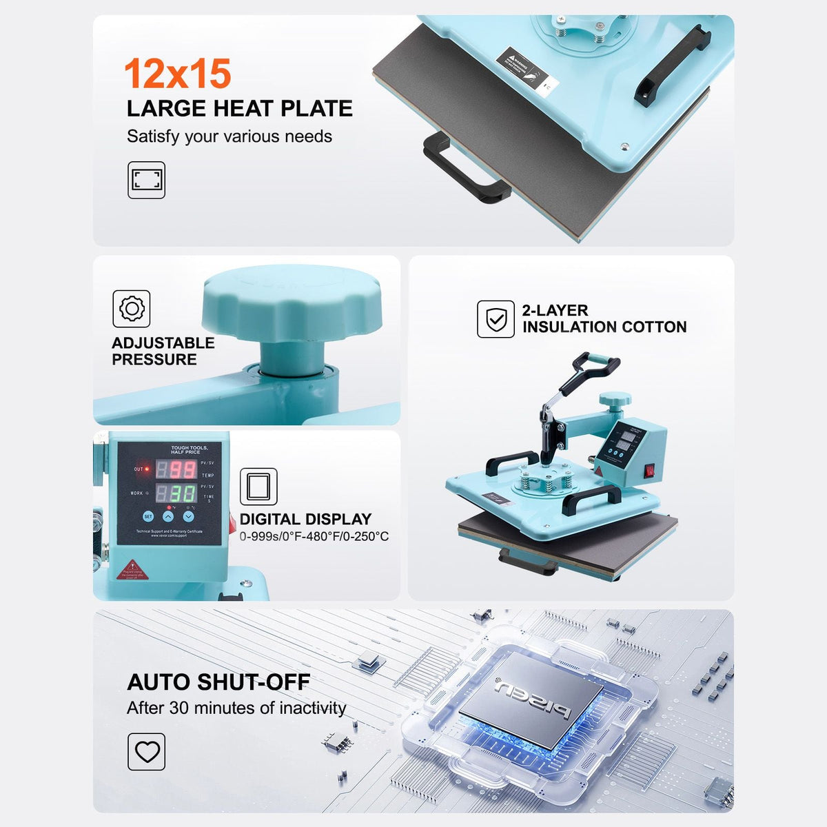 Heat Press Machine, 12 x 15 inch, 8 in 1 Heat Transfer Machine with 6-30 oz Tumbler Press, 360° Swing Away T-Shirt Pressing, Digital Precise Control, for T-Shirts/Mugs/Hats/Plates, Green