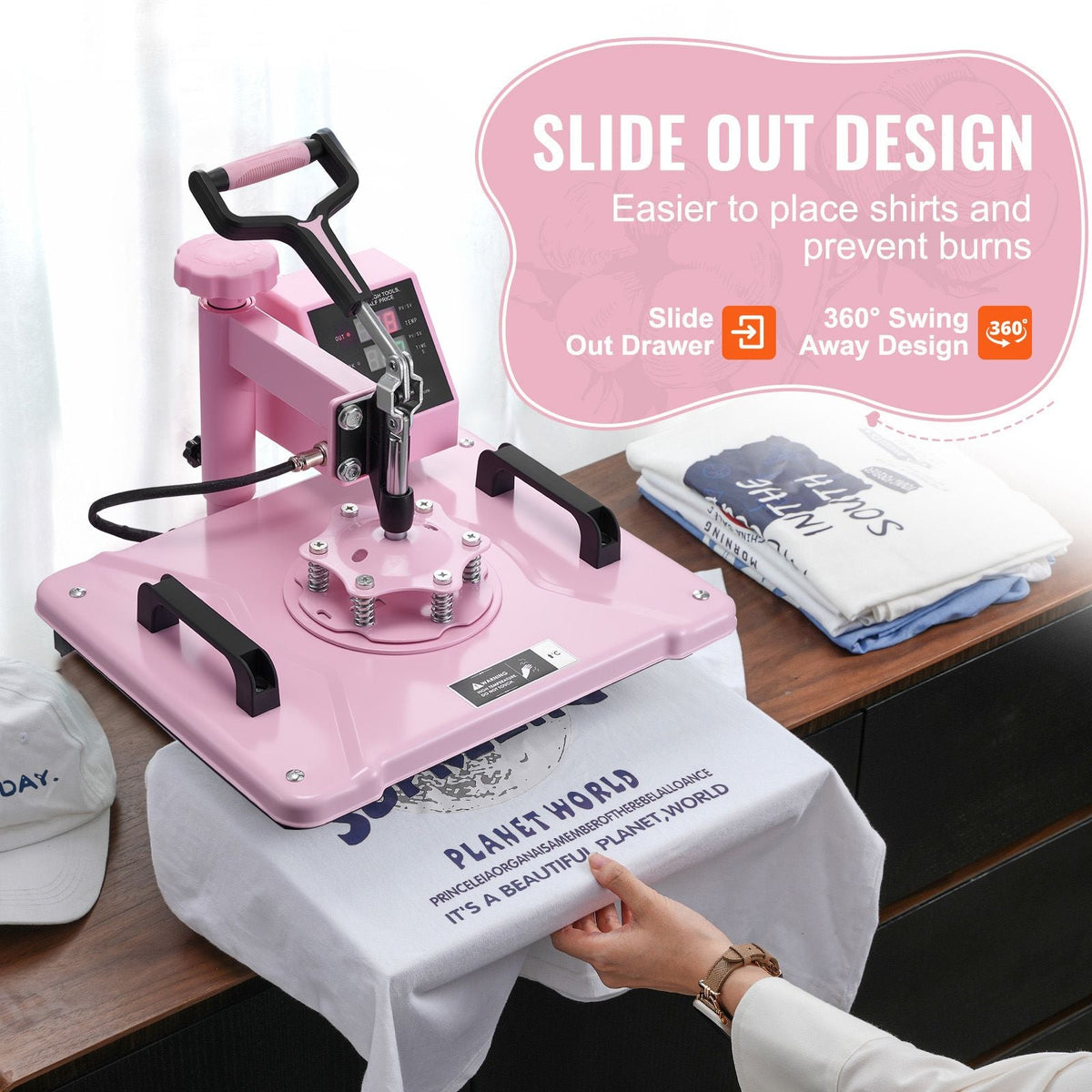 Heat Press Machine, 12 x 15 inch, 8 in 1 Heat Transfer Machine with 6-30 oz Tumbler Press, 360° Swing Away T-Shirt Pressing, Digital Precise Control, for T-Shirts/Mugs/Hats/Plates, Pink