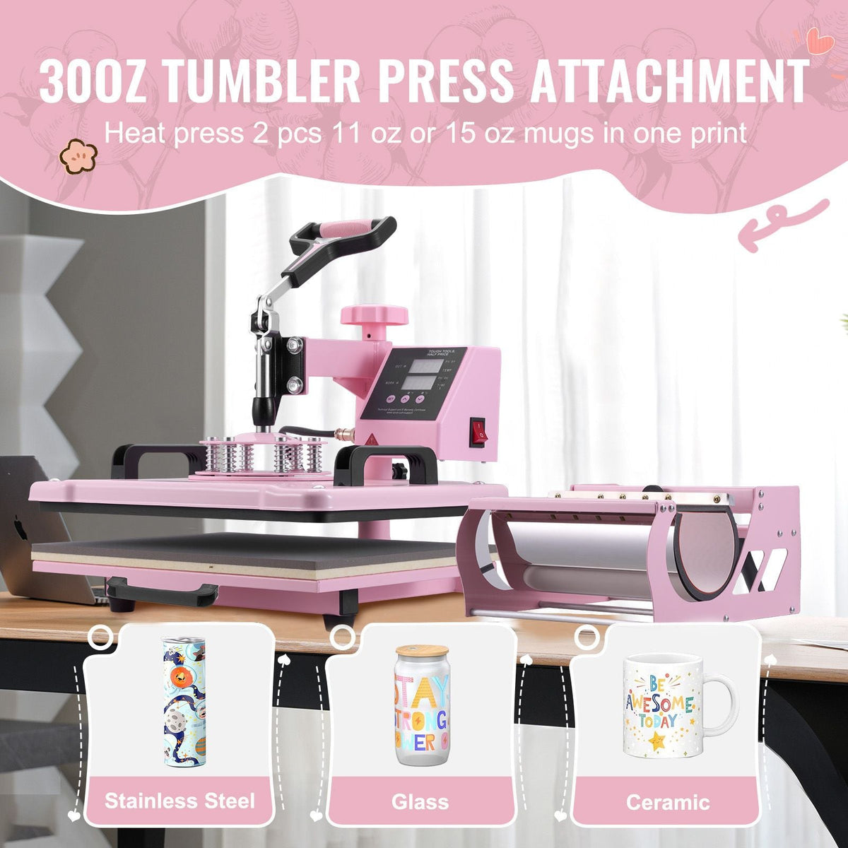 Heat Press Machine, 12 x 15 inch, 8 in 1 Heat Transfer Machine with 6-30 oz Tumbler Press, 360° Swing Away T-Shirt Pressing, Digital Precise Control, for T-Shirts/Mugs/Hats/Plates, Pink