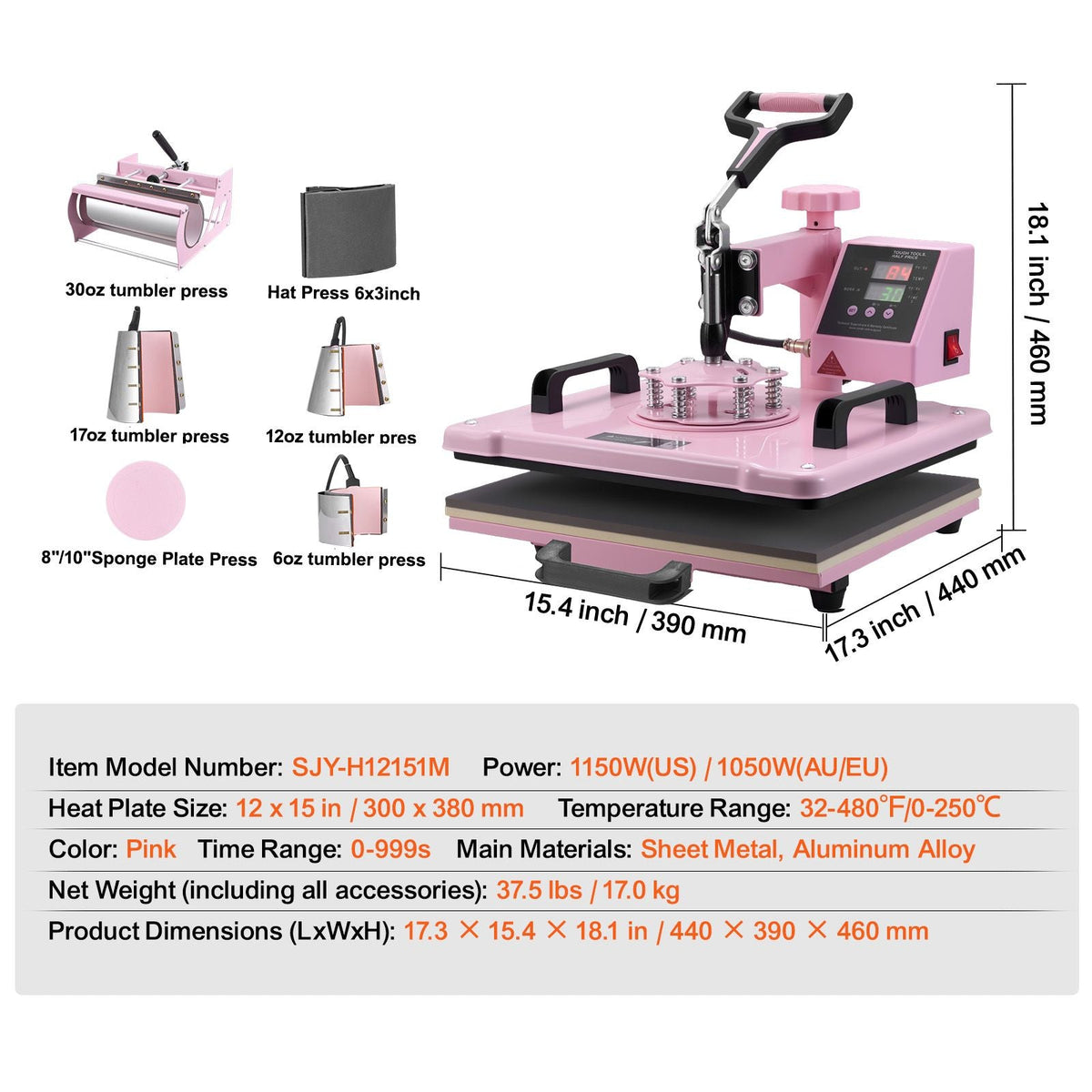 Heat Press Machine, 12 x 15 inch, 8 in 1 Heat Transfer Machine with 6-30 oz Tumbler Press, 360° Swing Away T-Shirt Pressing, Digital Precise Control, for T-Shirts/Mugs/Hats/Plates, Pink