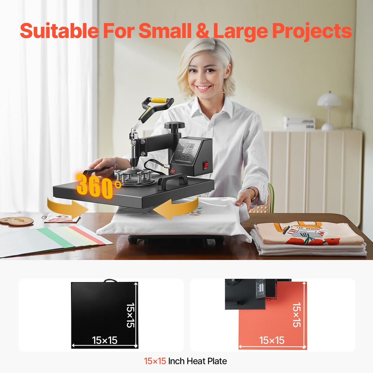 Heat Press Machine, 15 x 15 inch, 2 in 1 Heat Transfer Machine with Hat Press, 360° Swing Away T-Shirt Pressing, Digital Precise Control, Fast Even Heating for T-Shirts/Hats/Caps, Black