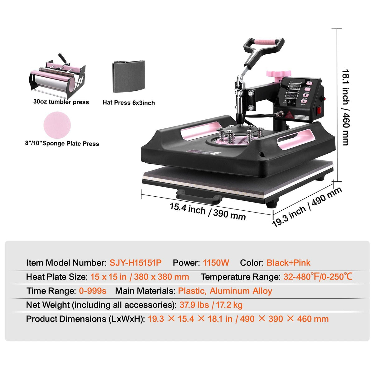 Heat Press Machine, 15 x 15 inch, 5 in 1 Heat Transfer Machine with 30 oz Tumbler Press, 360° Swing Away Digital T-Shirt Pressing Machine, Teflon Coating, for T-Shirts/Mugs/Hats/Plates, Black