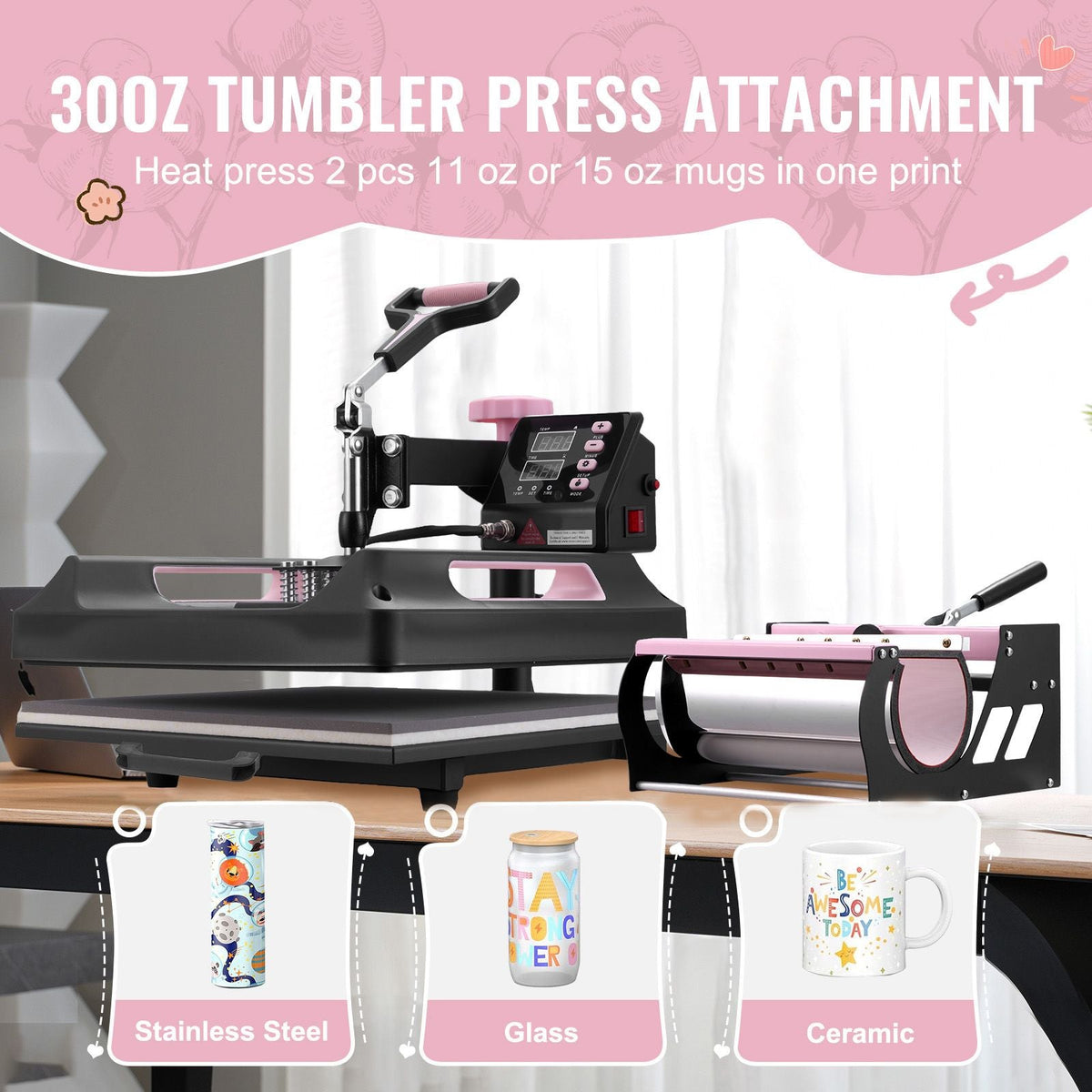 Heat Press Machine, 15 x 15 inch, 5 in 1 Heat Transfer Machine with 30 oz Tumbler Press, 360° Swing Away Digital T-Shirt Pressing Machine, Teflon Coating, for T-Shirts/Mugs/Hats/Plates, Black