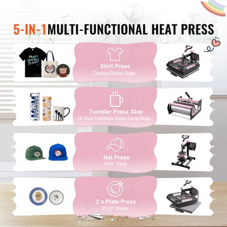Heat Press Machine, 15 x 15 inch, 5 in 1 Heat Transfer Machine with 30 oz Tumbler Press, 360° Swing Away Digital T-Shirt Pressing Machine, Teflon Coating, for T-Shirts/Mugs/Hats/Plates, Black