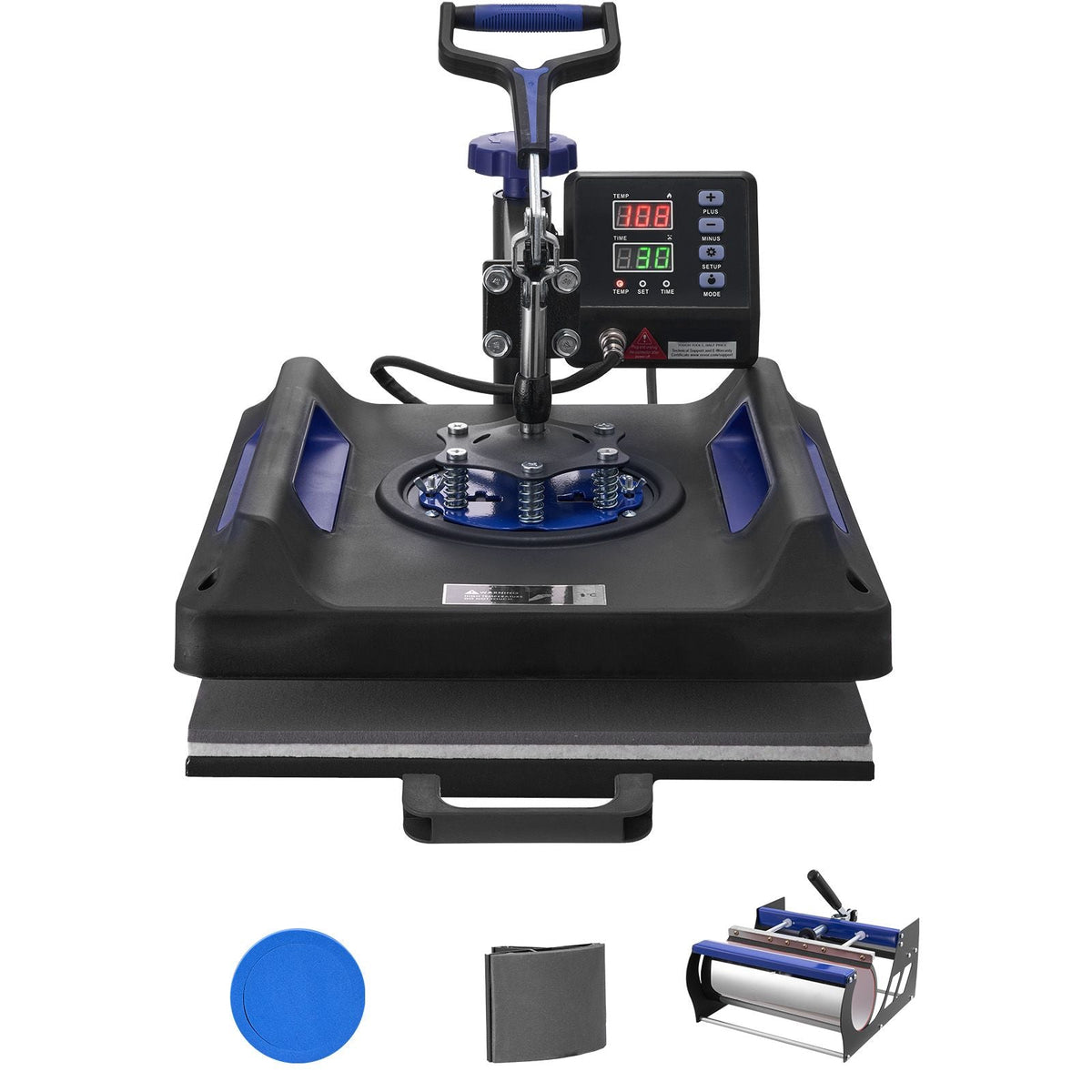 Heat Press Machine, 15 x 15 inch, 5 in 1 Heat Transfer Machine with 30 oz Tumbler Press, 360° Swing Away Digital T-Shirt Pressing, Teflon Coating, for T-Shirts/Mugs/Hats/Plates, Black+Blue