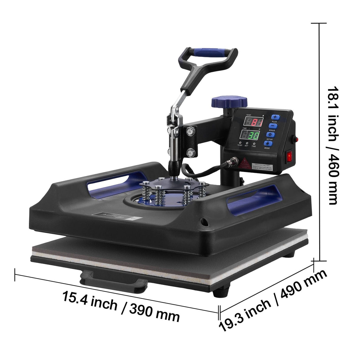Heat Press Machine, 15 x 15 inch, 5 in 1 Heat Transfer Machine with 30 oz Tumbler Press, 360° Swing Away Digital T-Shirt Pressing, Teflon Coating, for T-Shirts/Mugs/Hats/Plates, Black+Blue
