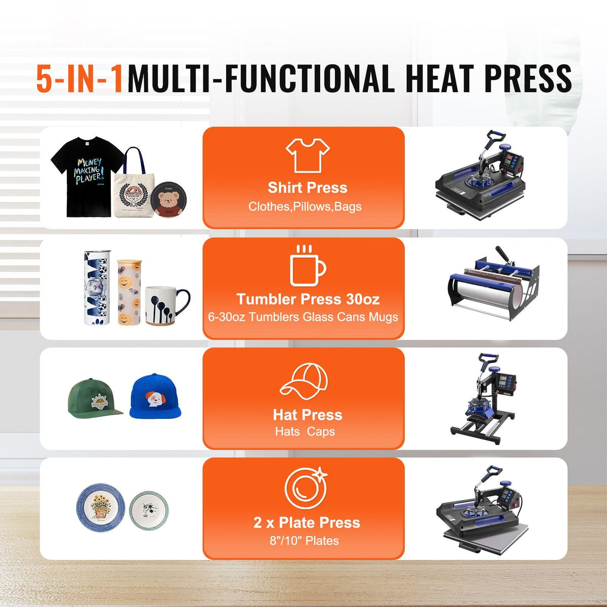 Heat Press Machine, 15 x 15 inch, 5 in 1 Heat Transfer Machine with 30 oz Tumbler Press, 360° Swing Away Digital T-Shirt Pressing, Teflon Coating, for T-Shirts/Mugs/Hats/Plates, Black+Blue