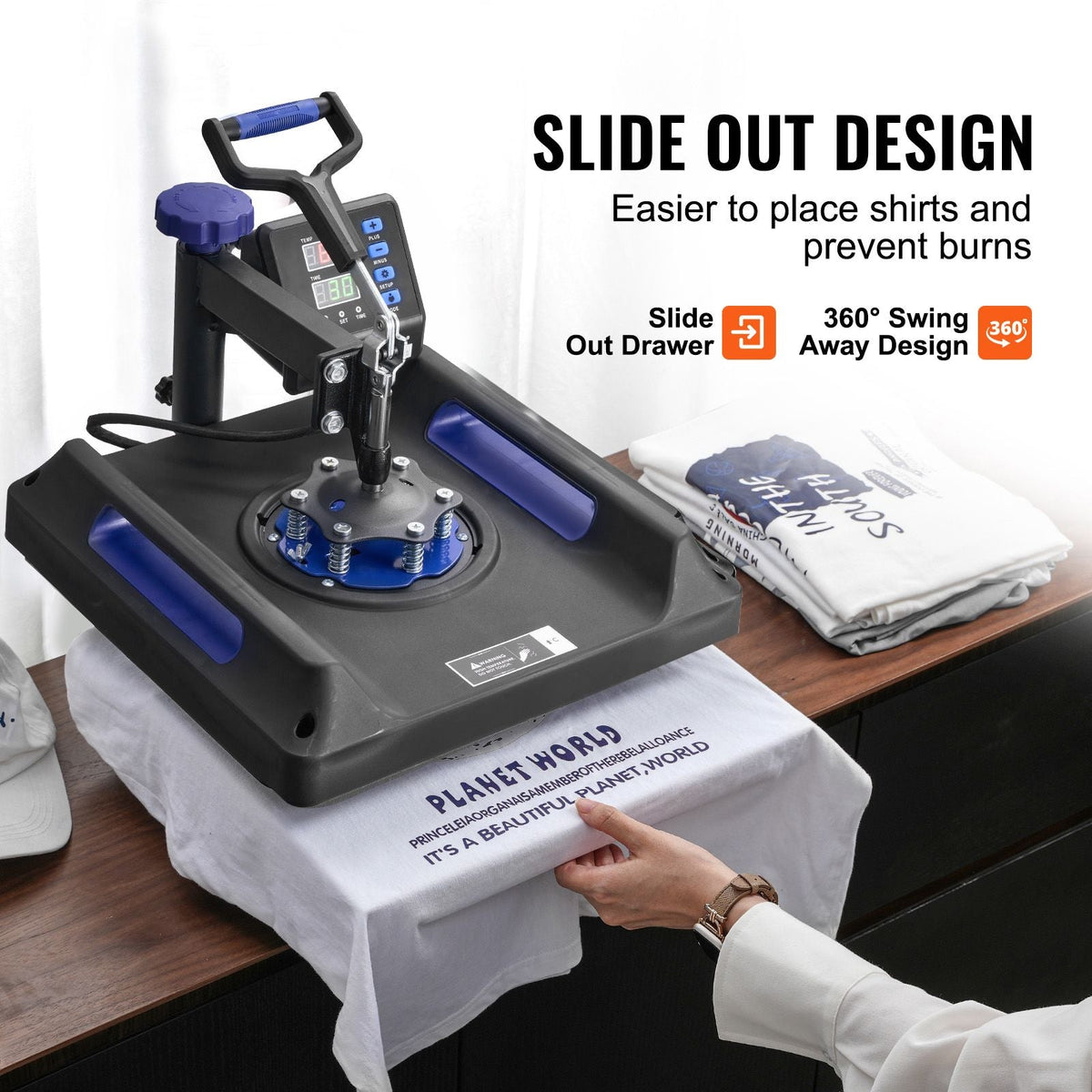 Heat Press Machine, 15 x 15 inch, 5 in 1 Heat Transfer Machine with 30 oz Tumbler Press, 360° Swing Away Digital T-Shirt Pressing, Teflon Coating, for T-Shirts/Mugs/Hats/Plates, Black+Blue