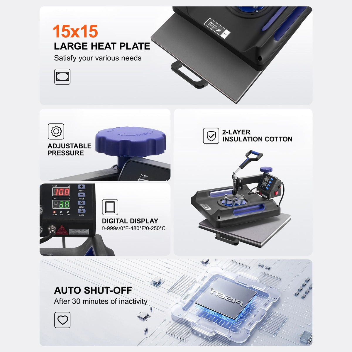 Heat Press Machine, 15 x 15 inch, 5 in 1 Heat Transfer Machine with 30 oz Tumbler Press, 360° Swing Away Digital T-Shirt Pressing, Teflon Coating, for T-Shirts/Mugs/Hats/Plates, Black+Blue