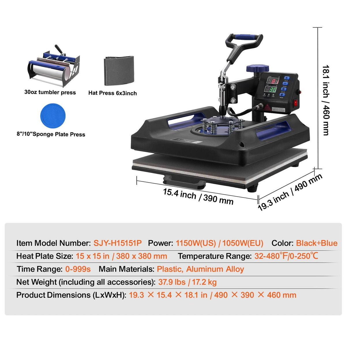 Heat Press Machine, 15 x 15 inch, 5 in 1 Heat Transfer Machine with 30 oz Tumbler Press, 360° Swing Away Digital T-Shirt Pressing, Teflon Coating, for T-Shirts/Mugs/Hats/Plates, Black+Blue