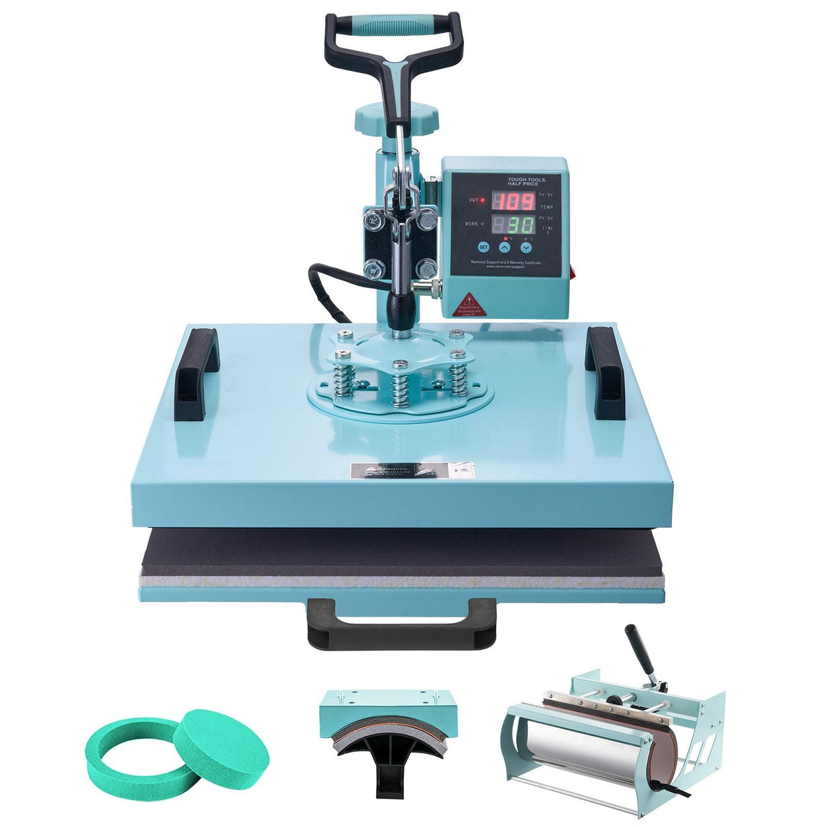 Heat Press Machine, 15 x 15 inch, 5 in 1 Heat Transfer Machine with 30 oz Tumbler Press, 360° Swing Away T-Shirt Pressing, Digital Precise Control, for T-Shirts/Mugs/Hats/Plates, Green