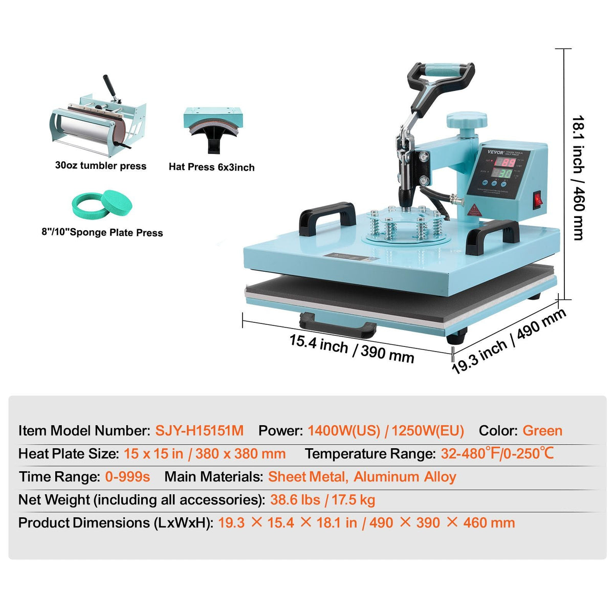 Heat Press Machine, 15 x 15 inch, 5 in 1 Heat Transfer Machine with 30 oz Tumbler Press, 360° Swing Away T-Shirt Pressing, Digital Precise Control, for T-Shirts/Mugs/Hats/Plates, Green