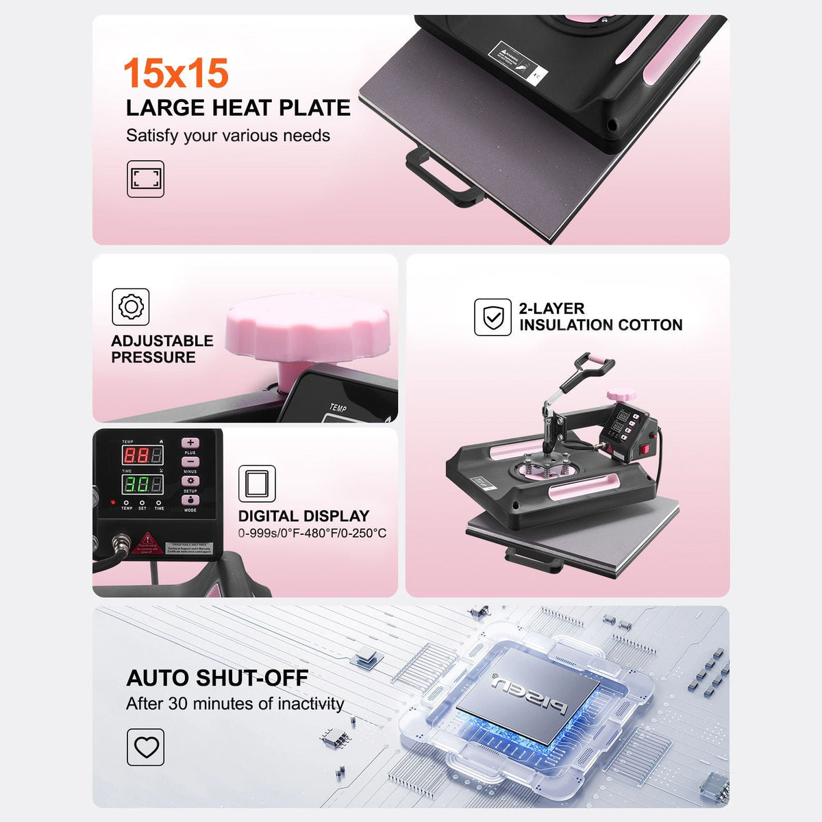 Heat Press Machine, 15 x 15 inch, 8 in 1 Heat Transfer Machine with 30 oz Tumbler Press, 360° Swing Away Digital T-Shirt Pressing Machine, Teflon Coating, for T-Shirts/Mugs/Hats/Plates, Black