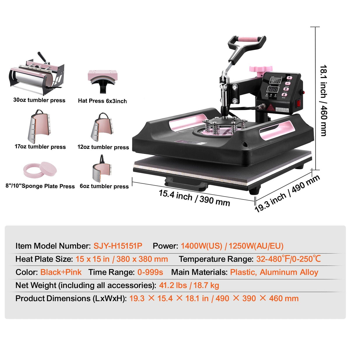 Heat Press Machine, 15 x 15 inch, 8 in 1 Heat Transfer Machine with 30 oz Tumbler Press, 360° Swing Away Digital T-Shirt Pressing Machine, Teflon Coating, for T-Shirts/Mugs/Hats/Plates, Black