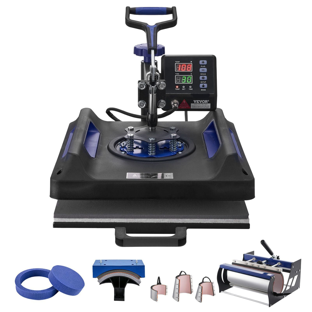Heat Press Machine, 15 x 15 inch, 8 in 1 Heat Transfer Machine with 30 oz Tumbler Press, 360° Swing Away Digital T-Shirt Pressing, Teflon Coating, for T-Shirts/Mugs/Hats/Plates, Black+Blue