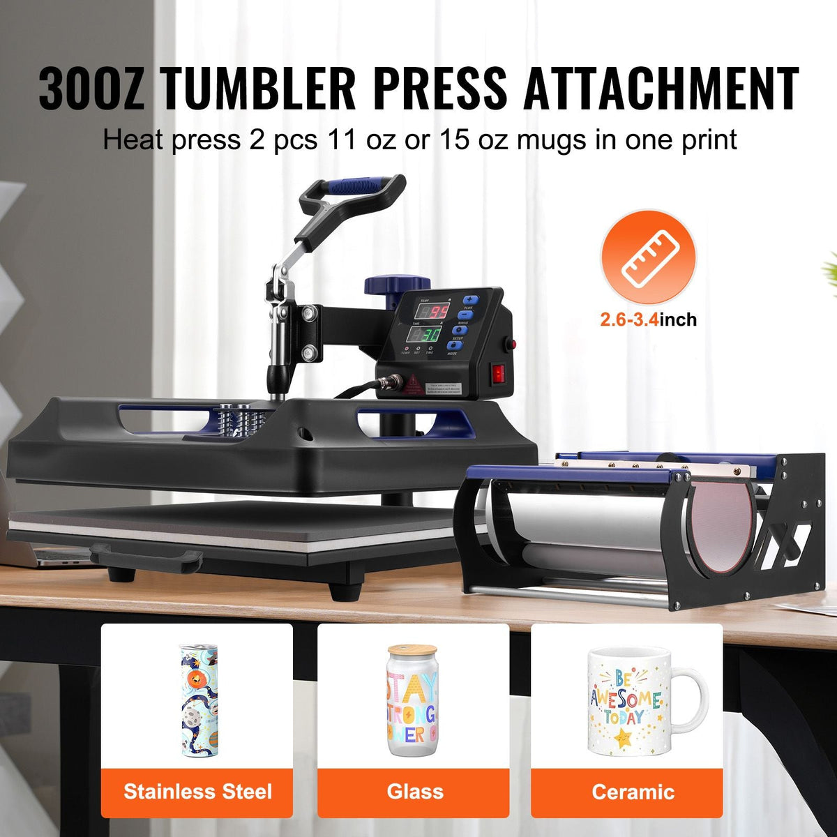 Heat Press Machine, 15 x 15 inch, 8 in 1 Heat Transfer Machine with 30 oz Tumbler Press, 360° Swing Away Digital T-Shirt Pressing, Teflon Coating, for T-Shirts/Mugs/Hats/Plates, Black+Blue