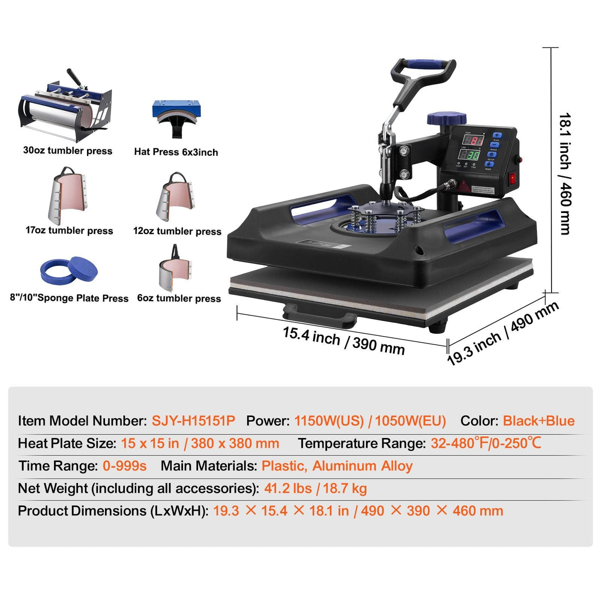 Heat Press Machine, 15 x 15 inch, 8 in 1 Heat Transfer Machine with 30 oz Tumbler Press, 360° Swing Away Digital T-Shirt Pressing, Teflon Coating, for T-Shirts/Mugs/Hats/Plates, Black+Blue