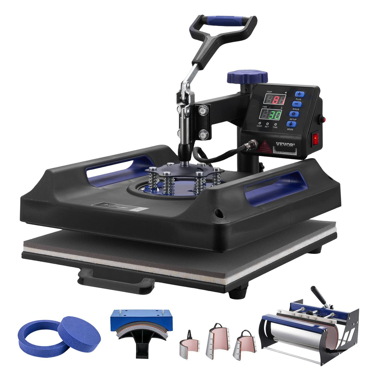 Heat Press Machine, 15 x 15 inch, 8 in 1 Heat Transfer Machine with 30 oz Tumbler Press, 360° Swing Away Digital T-Shirt Pressing, Teflon Coating, for T-Shirts/Mugs/Hats/Plates, Black+Blue