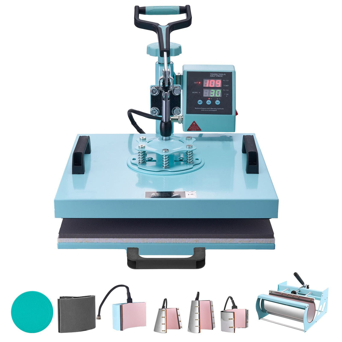 Heat Press Machine, 15 x 15 inch, 8 in 1 Heat Transfer Machine with 6-30 oz Tumbler Press, 360° Swing Away T-Shirt Pressing, Digital Precise Control, for T-Shirts/Mugs/Hats/Plates, Green