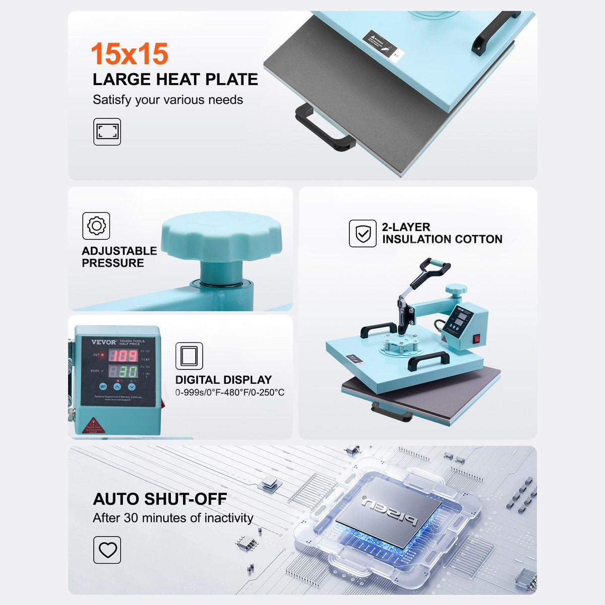 Heat Press Machine, 15 x 15 inch, 8 in 1 Heat Transfer Machine with 6-30 oz Tumbler Press, 360° Swing Away T-Shirt Pressing, Digital Precise Control, for T-Shirts/Mugs/Hats/Plates, Green