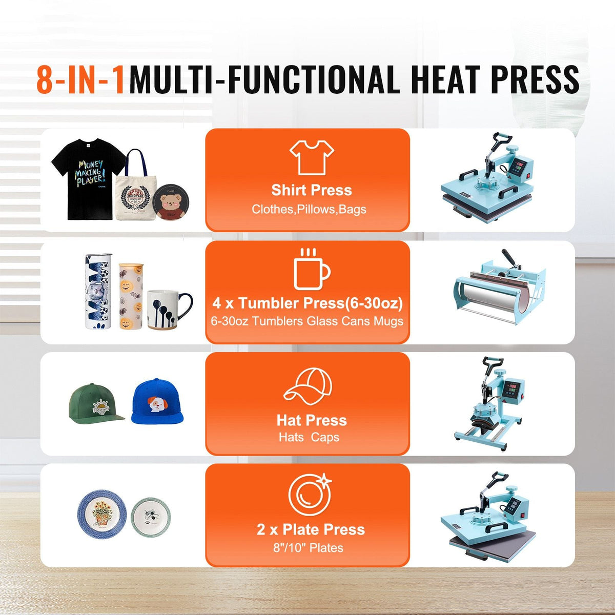 Heat Press Machine, 15 x 15 inch, 8 in 1 Heat Transfer Machine with 6-30 oz Tumbler Press, 360° Swing Away T-Shirt Pressing, Digital Precise Control, for T-Shirts/Mugs/Hats/Plates, Green