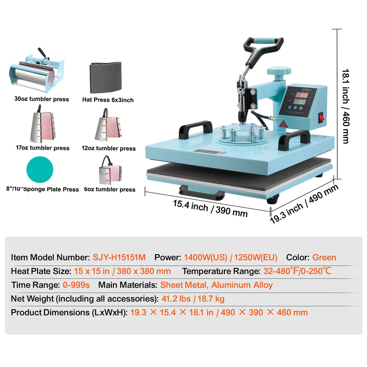 Heat Press Machine, 15 x 15 inch, 8 in 1 Heat Transfer Machine with 6-30 oz Tumbler Press, 360° Swing Away T-Shirt Pressing, Digital Precise Control, for T-Shirts/Mugs/Hats/Plates, Green