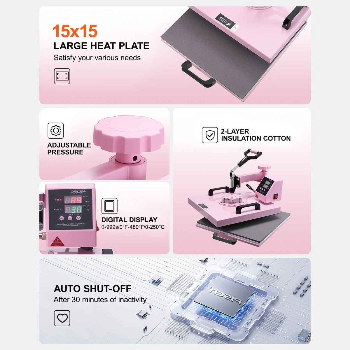 Heat Press Machine, 15 x 15 inch, 8 in 1 Heat Transfer Machine with 6-30 oz Tumbler Press, 360° Swing Away T-Shirt Pressing, Digital Precise Control, for T-Shirts/Mugs/Hats/Plates, Pink
