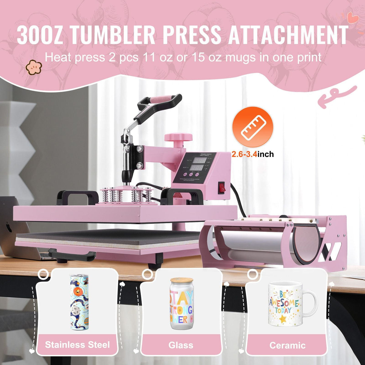 Heat Press Machine, 15 x 15 inch, 8 in 1 Heat Transfer Machine with 6-30 oz Tumbler Press, 360° Swing Away T-Shirt Pressing, Digital Precise Control, for T-Shirts/Mugs/Hats/Plates, Pink