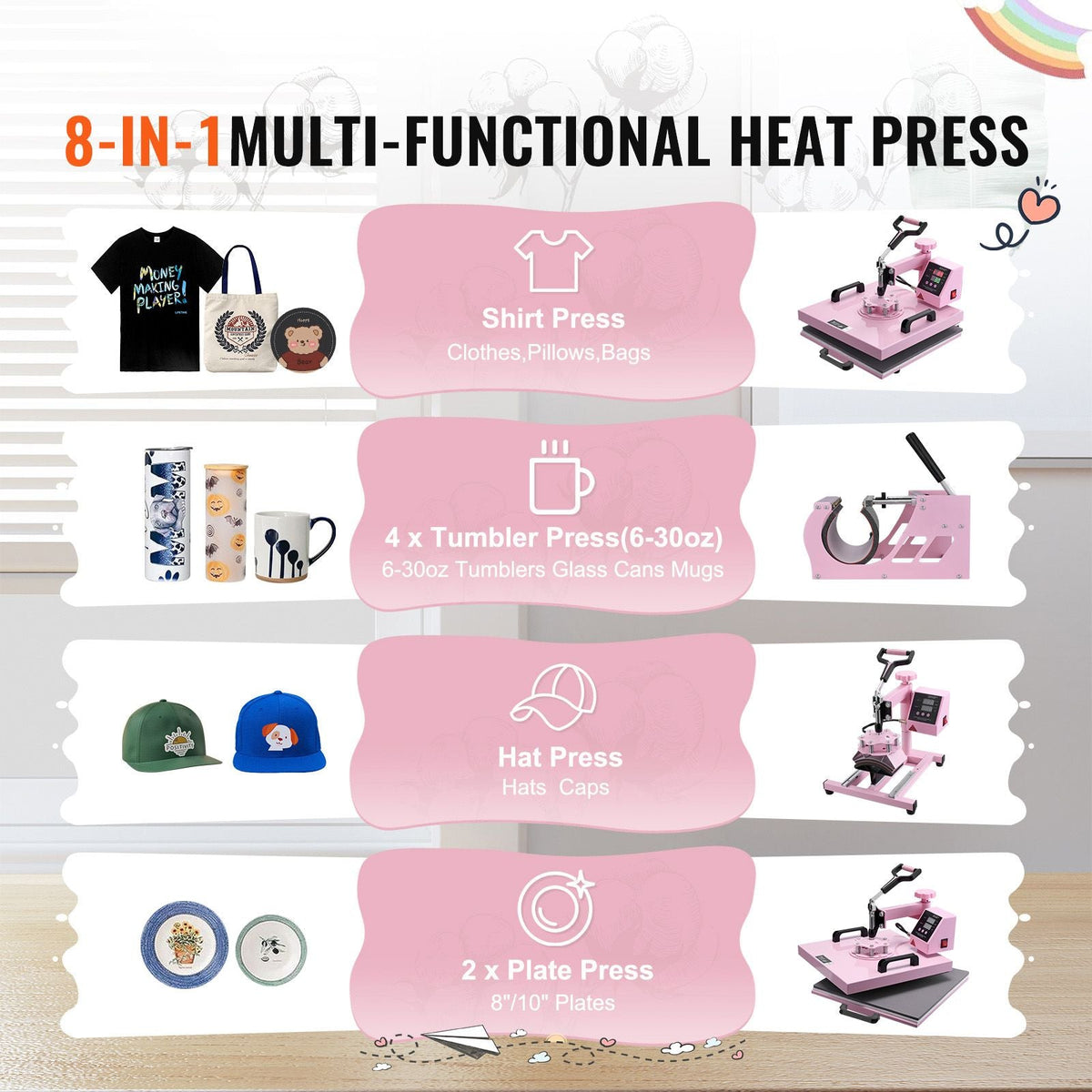 Heat Press Machine, 15 x 15 inch, 8 in 1 Heat Transfer Machine with 6-30 oz Tumbler Press, 360° Swing Away T-Shirt Pressing, Digital Precise Control, for T-Shirts/Mugs/Hats/Plates, Pink