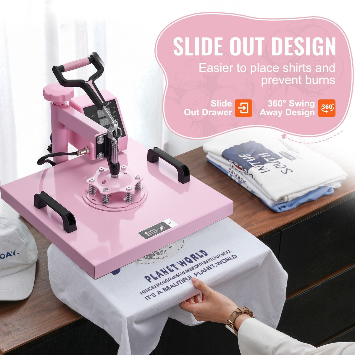Heat Press Machine, 15 x 15 inch, 8 in 1 Heat Transfer Machine with 6-30 oz Tumbler Press, 360° Swing Away T-Shirt Pressing, Digital Precise Control, for T-Shirts/Mugs/Hats/Plates, Pink