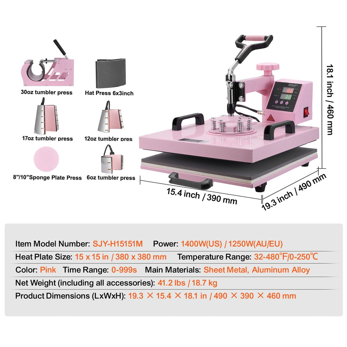 Heat Press Machine, 15 x 15 inch, 8 in 1 Heat Transfer Machine with 6-30 oz Tumbler Press, 360° Swing Away T-Shirt Pressing, Digital Precise Control, for T-Shirts/Mugs/Hats/Plates, Pink