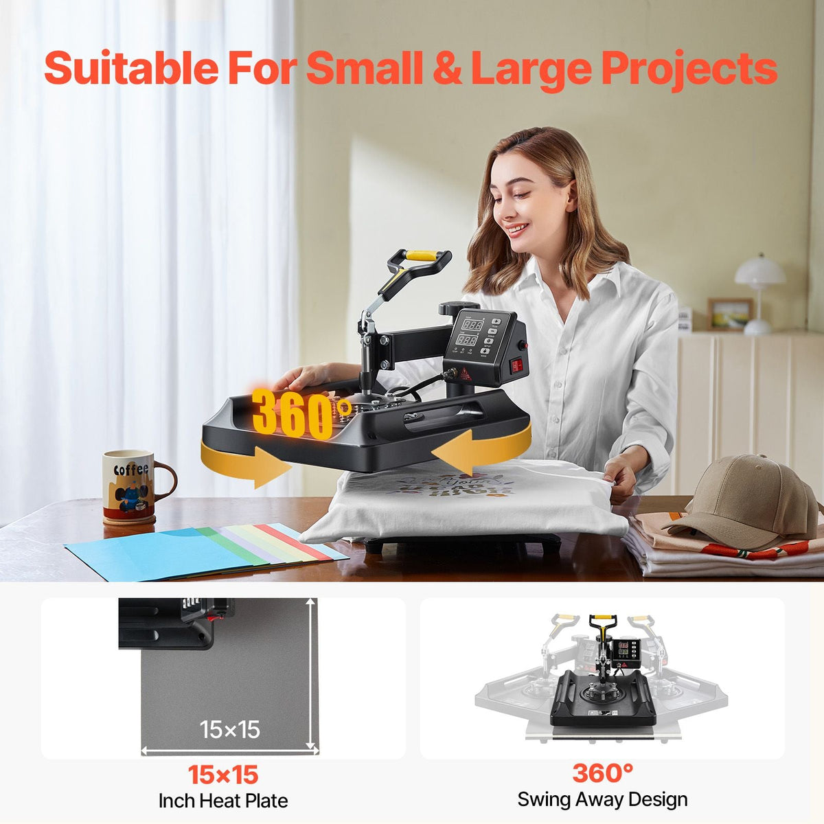 Heat Press Machine 8 in 1 Combo, Heat Press 15x15 in, Swing Away T Shirt Printing Machine Digital Control, Multifunction Transfer Machine Sublimation, for T-Shirt Hat Cap Mug Plate, Black