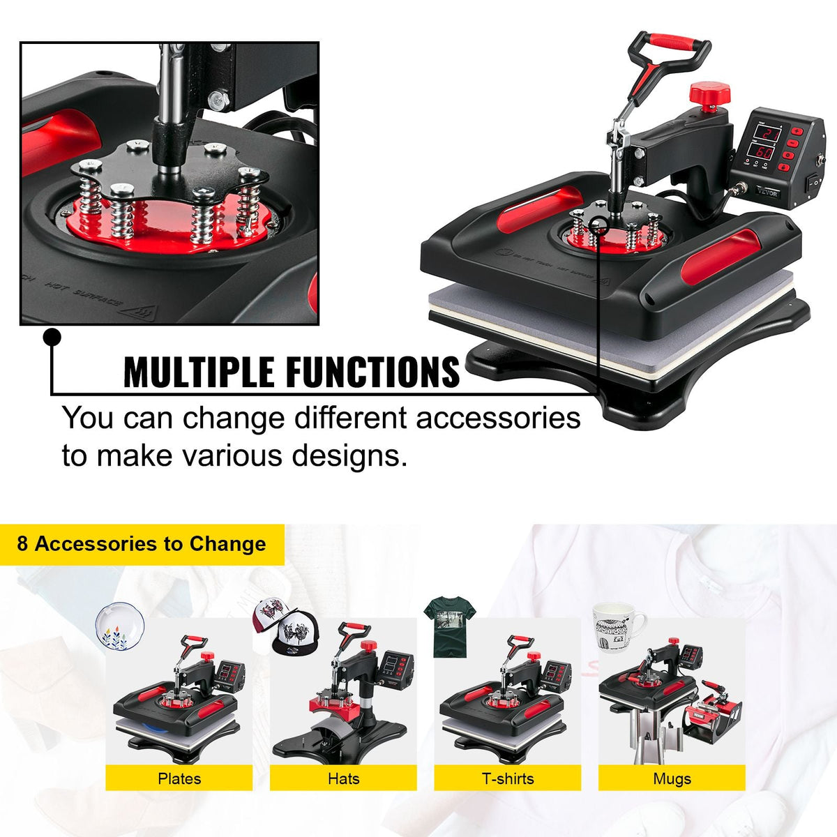 Heat Press Machine 8 in 1 Combo, Heat Press 15x15, Swing Away T Shirt Printing Machine Digital Control, Multifunction Heat Transfer Machine Sublimation Heat Press for T-Shirt Hat Cap Mug Plate