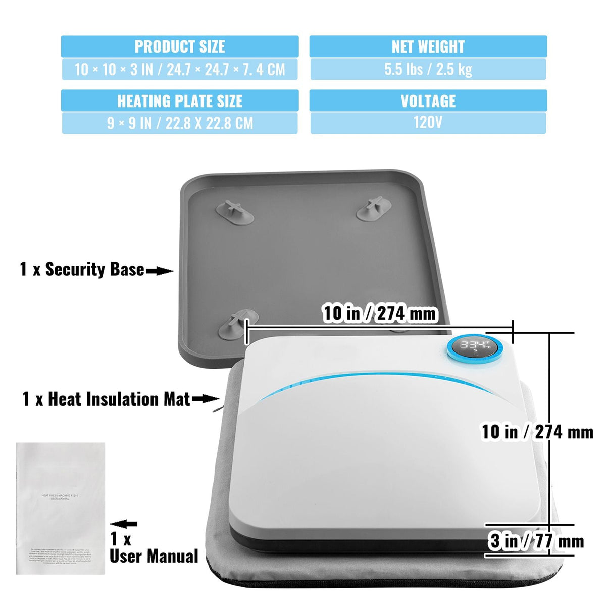 Heat Press Machine,9x9inches Portable Shirt Printing Multifunctional Sublimation Transfer Heat Press Machine PTFE Coated, Easy Iron-on Press for T-shirts/Bags/Pillows/HTV Vinyl Projects